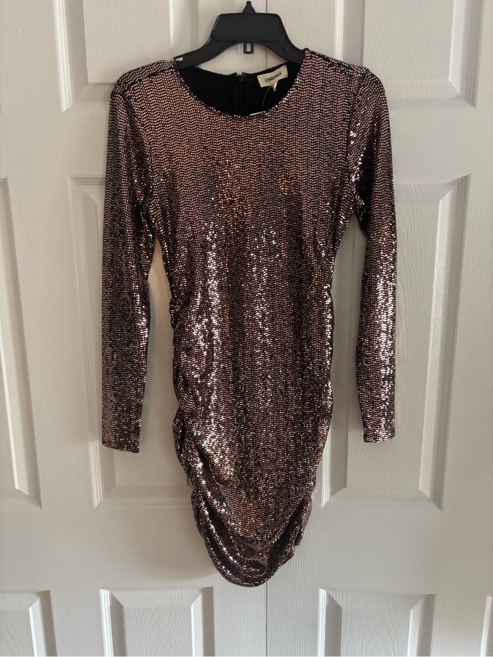 L'AGENCE Rose Gold Sequin Long-Sleeve Ruched Mini Dress